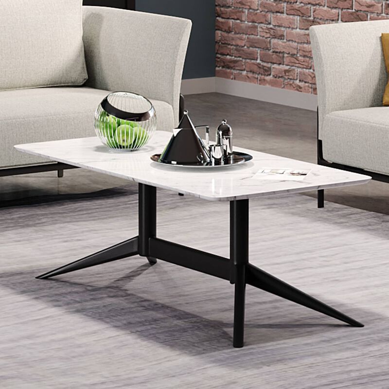 angled view of the contemporary coffee table with marble laminate top in office setting image number null